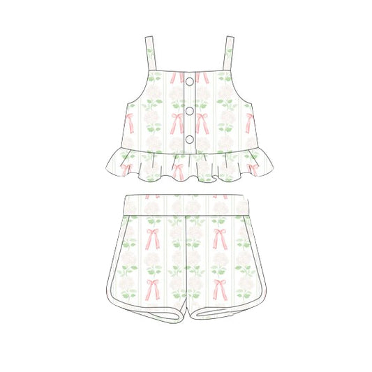 preorder GSSO2264 Light Green flower bow ruffle sleeveless top shorts set Girls Boutique Summer outfit 202502