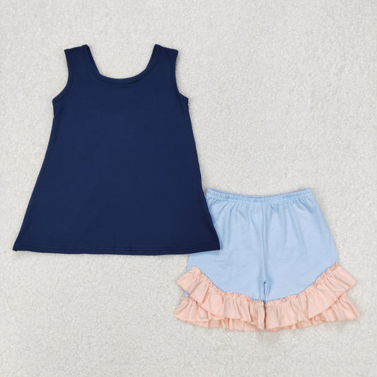GSSO2272 Navy Blue Pink bow sleeveless top light blue pink ruffle shorts set Girls Boutique outfit 202503 RTS