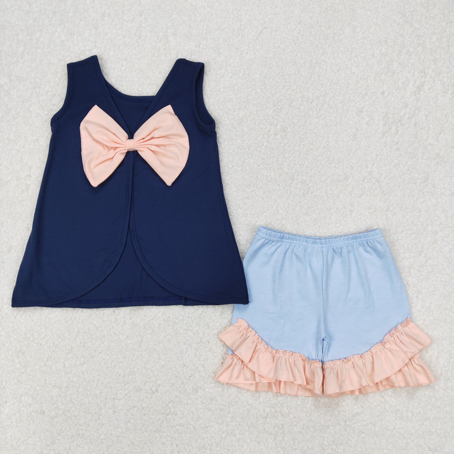 GSSO2272 Navy Blue Pink bow sleeveless top light blue pink ruffle shorts set Girls Boutique outfit 202503 RTS