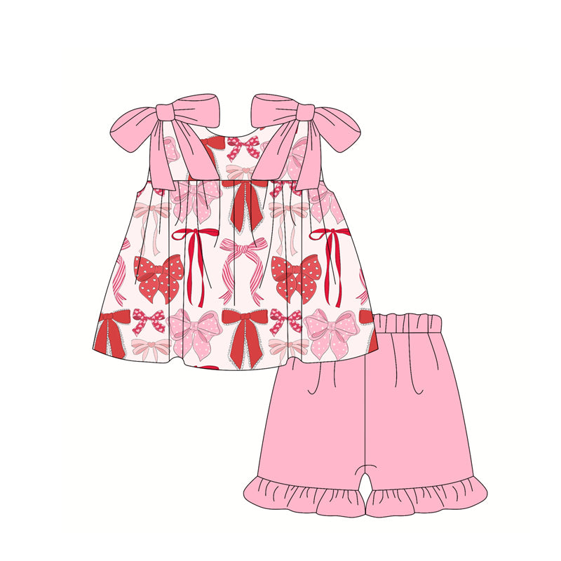 preorder GSSO2279 Hot Pink bows ruffle sleeveless top shorts set Girls Boutique outfit 202502
