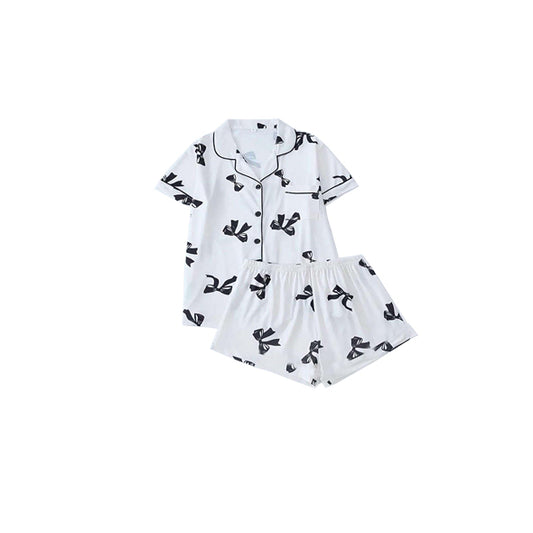 preorder GSSO2283 White Black Bows Button top shorts pajamas set Girls Boutique outfit 202502