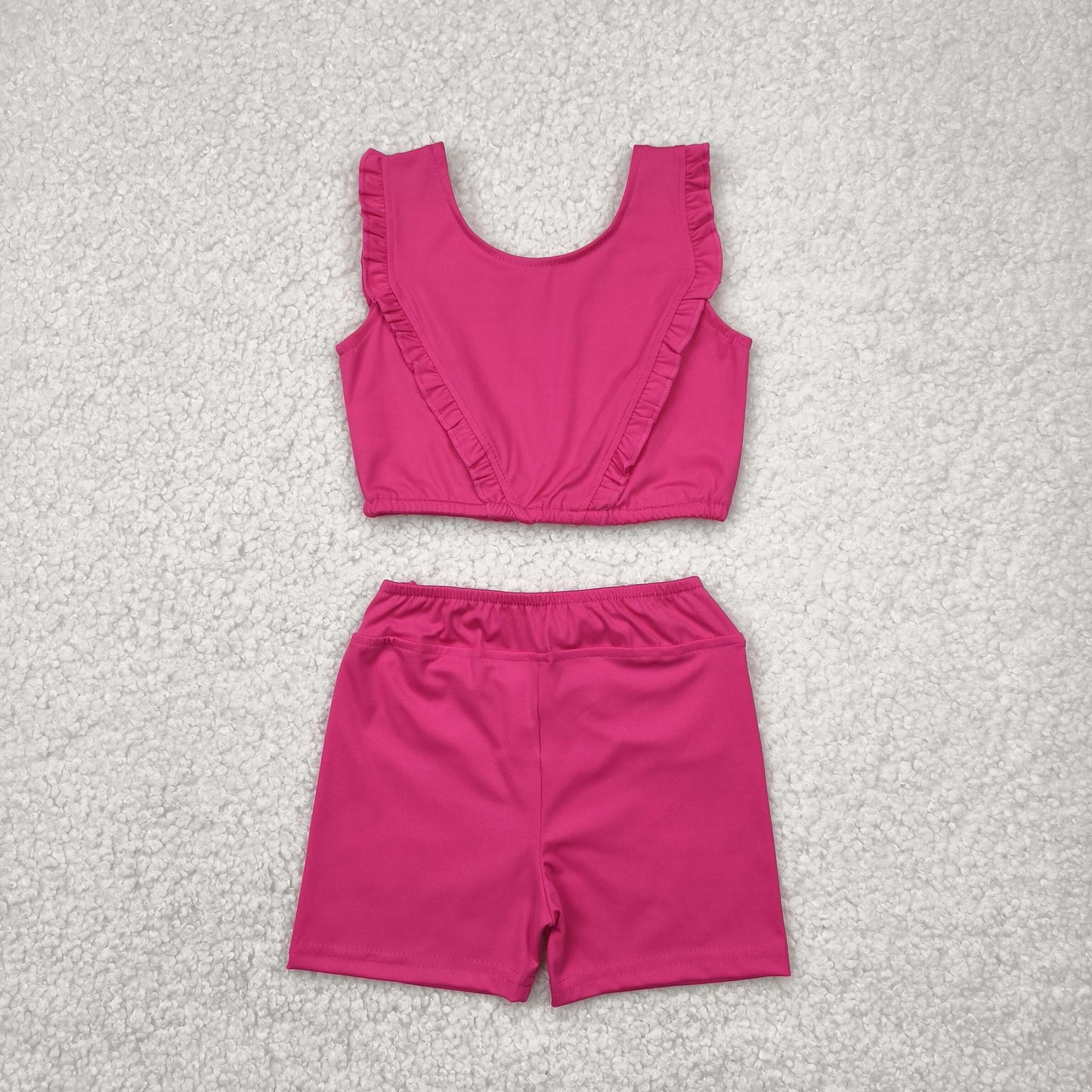GSSO2284 Yoga outfit Pure Rose Red Ruffled Sleeveless top shorts set Girls Boutique outfit 202504 RTS