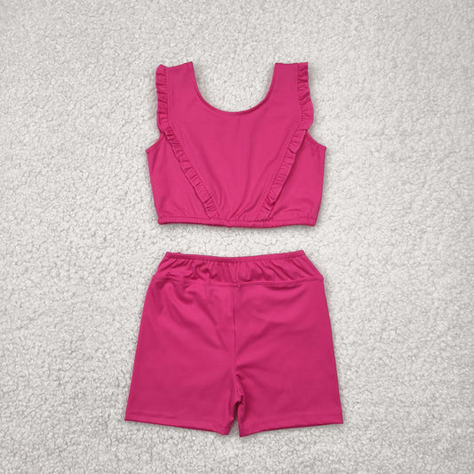GSSO2284 Yoga outfit Pure Rose Red Ruffled Sleeveless top shorts set Girls Boutique outfit 202504 RTS
