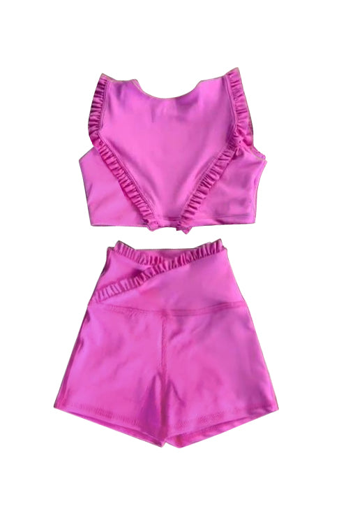 preorder GSSO2285 Yoga outfit Pure Pink Purple Ruffled Sleeveless top shorts set Girls Boutique outfit 202502
