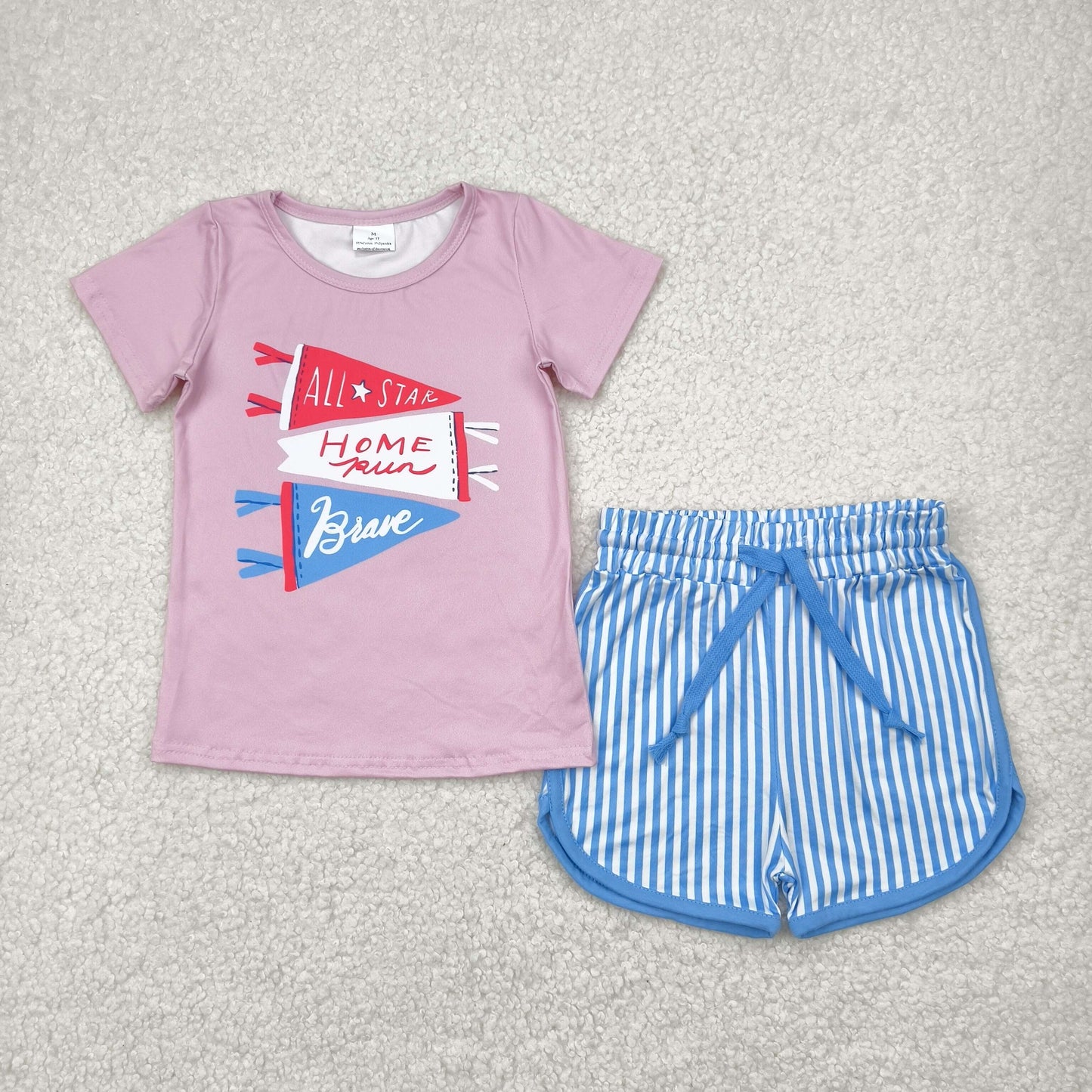 GSSO2288 Purple Pink Letter Striped short sleeve Blue shorts sets Girls boutique outfits 202504 RTS