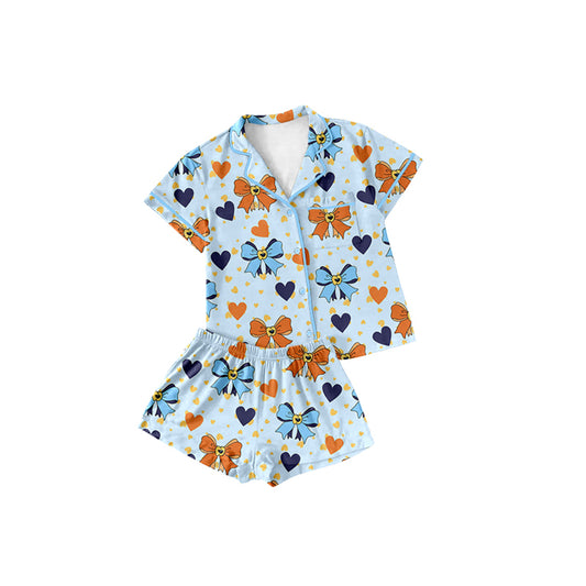 preorder GSSO2297 Blue Bows Button short sleeve top shorts pajamas sets girls boutique outfit 202502