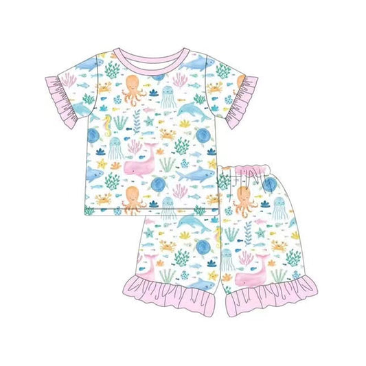 preorder GSSO2298 Pink Ruffle Marine animal short sleeve top shorts pajamas sets girls boutique outfit 202502