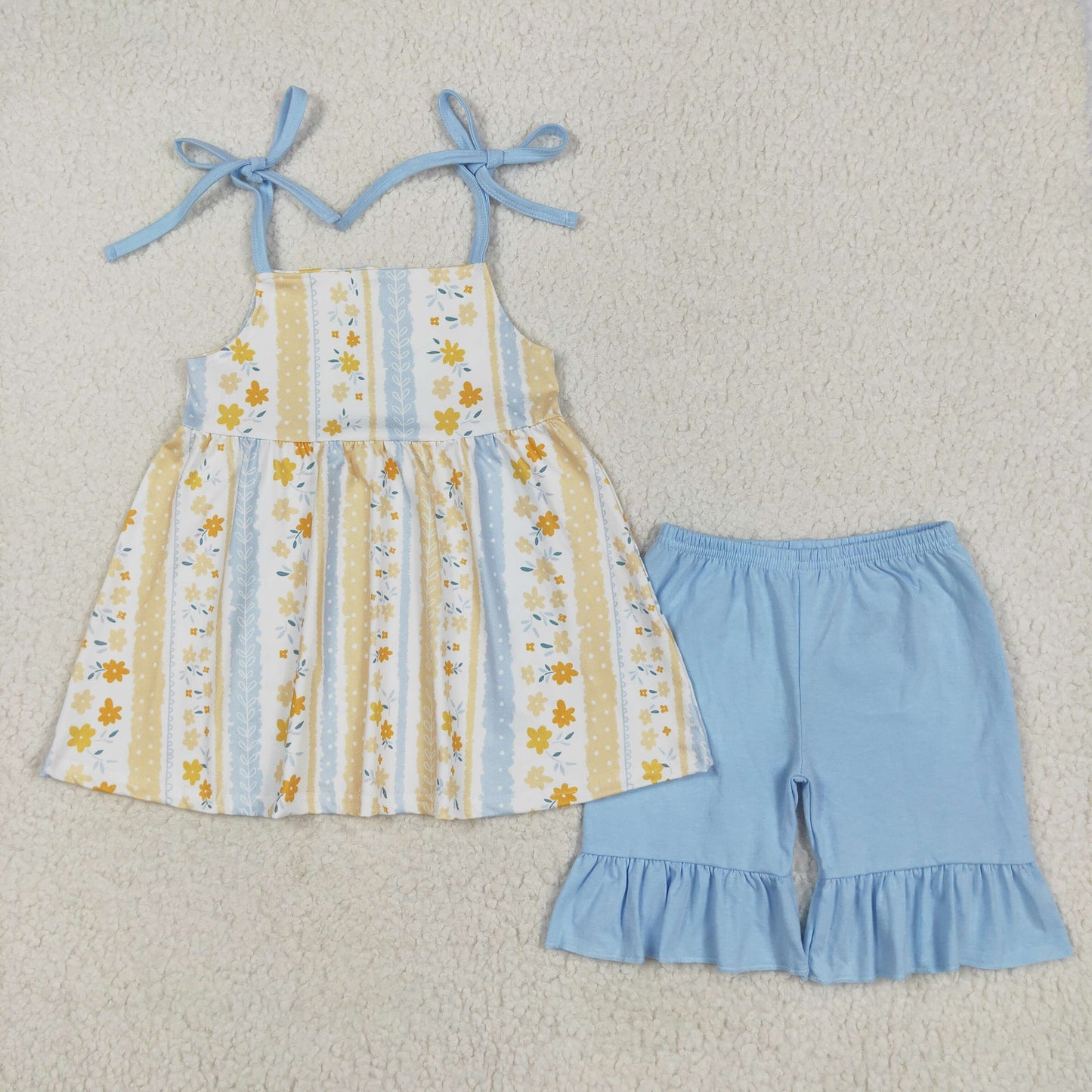 GSSO2302 Yellow Blue Striped Refreshing Flower Ruffle sleeveless top shorts sets girls boutique outfit 202505 RTS