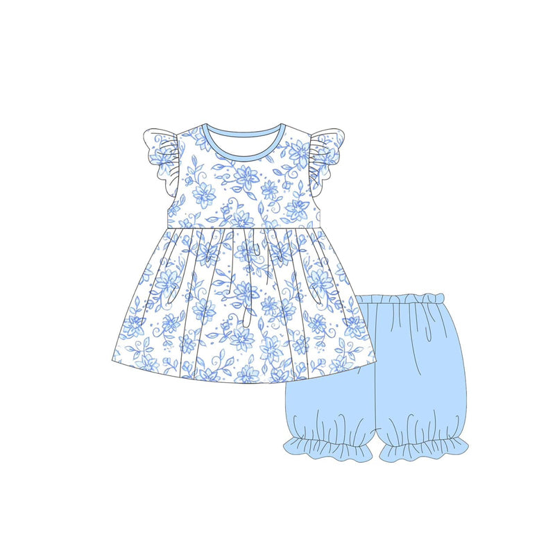preorder GSSO2304 Blue White Flower Ruffle Flying sleeve top shorts sets girls boutique outfit 202502