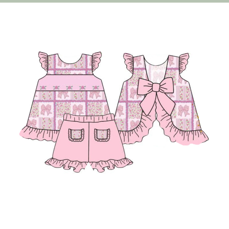 preorder GSSO2305 Hot Pink Bows Flower Pocket Ruffle Flying sleeve top shorts sets girls boutique outfit 202502