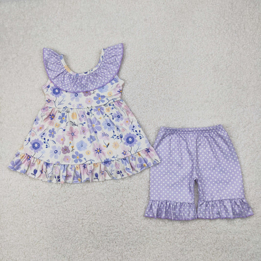GSSO2306 Light Blue Purple  Flower Bow Dot Ruffle sleeveless top shorts sets girls boutique outfit 202504 RTS