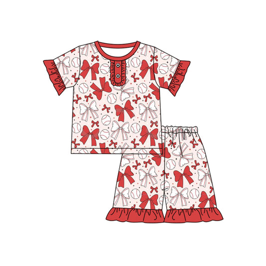 preorder GSSO2309 Red Baseball Bows Ruffle short sleeve top shorts pajamas sets girls boutique outfit 202502