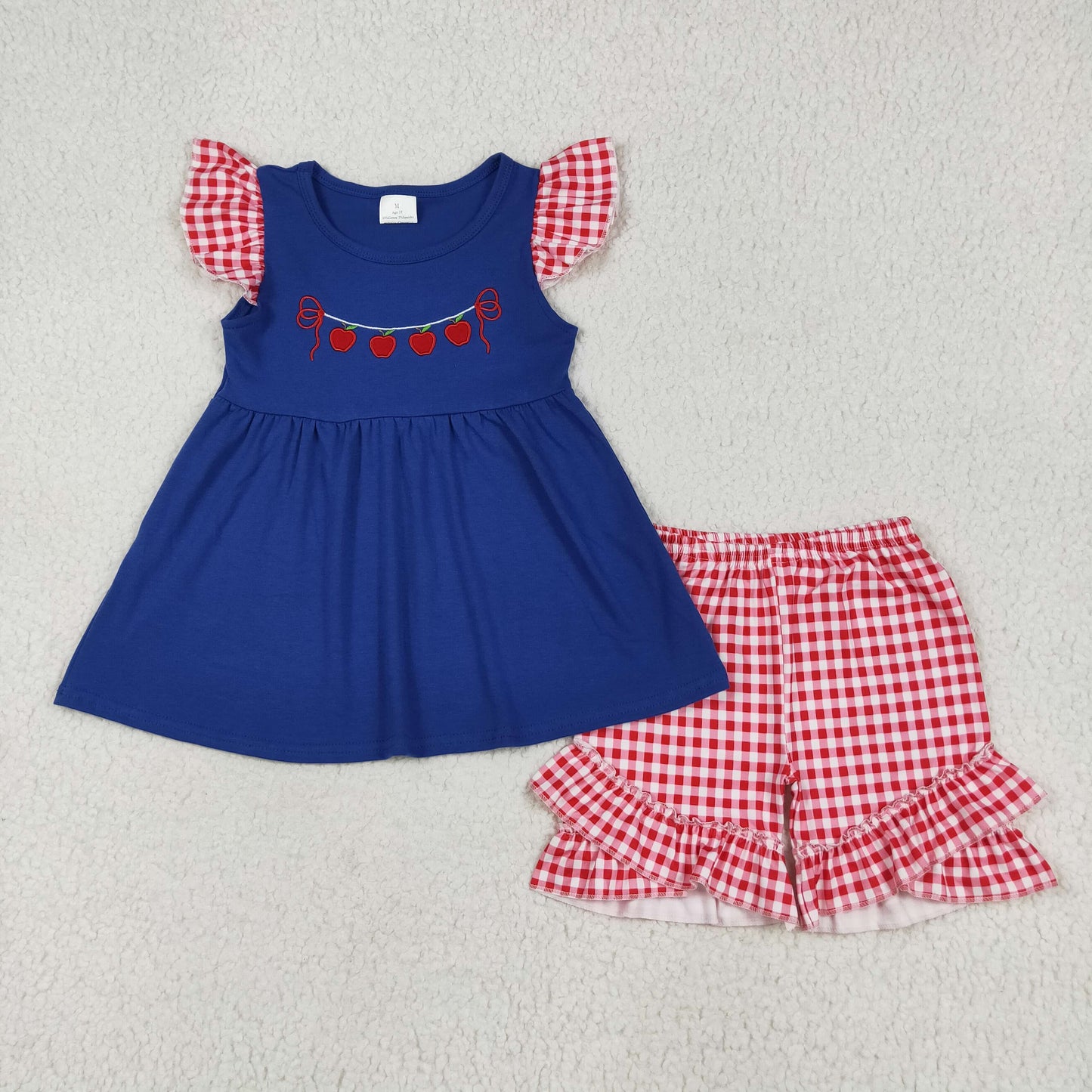 GSSO2314  Embroidered Red apple Plaid Ruffle Navy Blue Fly sleeve top shorts sets girls boutique outfit 202506 RTS