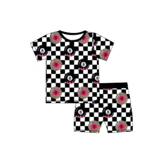 preorder GSSO2319 Black White Plaid billiard short sleeve top shorts sets girls boutique outfit 202502