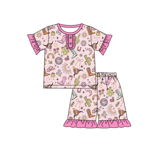preorder GSSO2323 Cowgirl Rodeo Clothing Pink Cactus Boots Ruffle short-sleeved shorts pajamas set girls boutique outfit 202502
