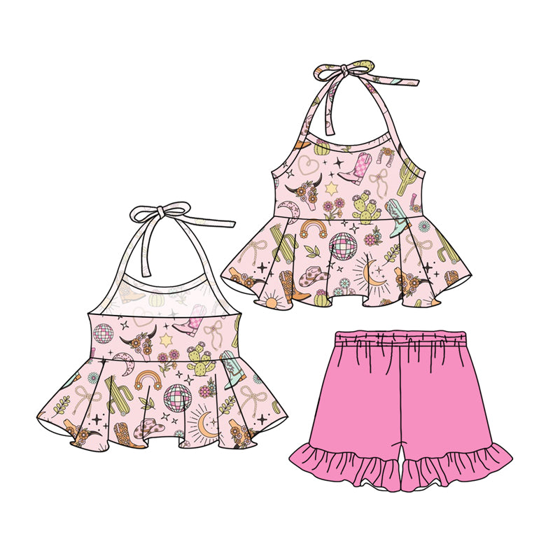 preorder GSSO2324 Cowgirl Rodeo Clothing Pink Cactus Boots Ruffle Sleeveless Top  shorts set girls boutique outfit 202502