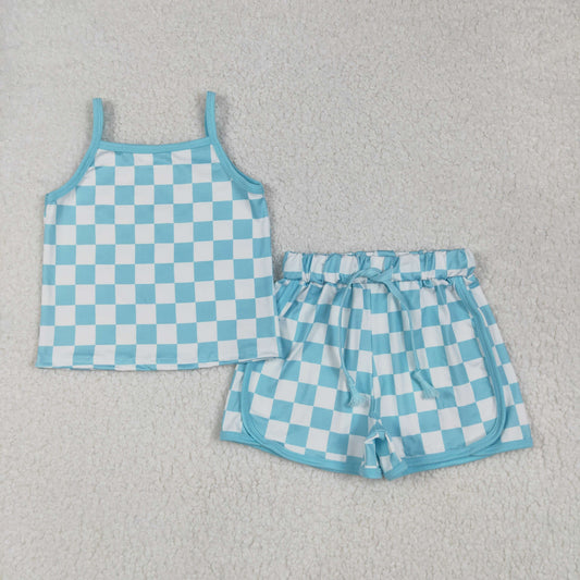 GSSO2332 Blue White Plaid Sleeveless top shorts sets girls boutique outfit 202506 RTS