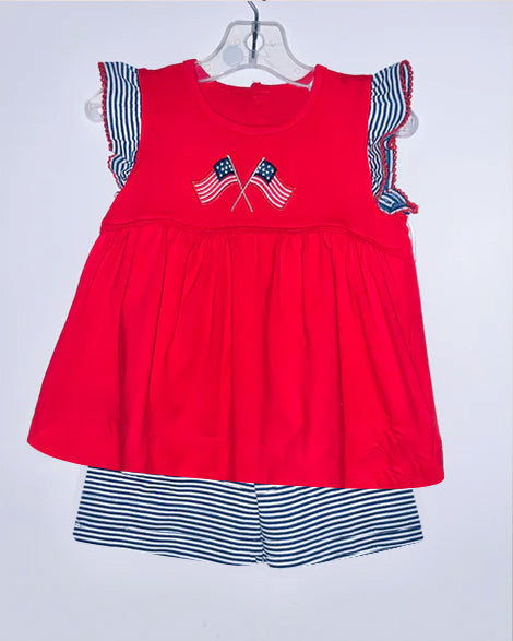 preorder GSSO2347 4th of July USA Flag navy blue striped Red Fly Sleeve Top  shorts set girls boutique outfit 202503