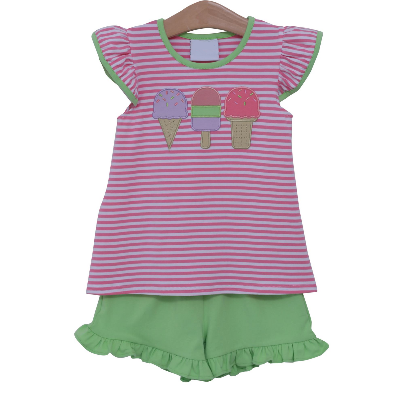 preorder GSSO2349 Ice Cream Pink Striped Green Ruffle Fly Sleeve Top  shorts set girls boutique outfit 202503