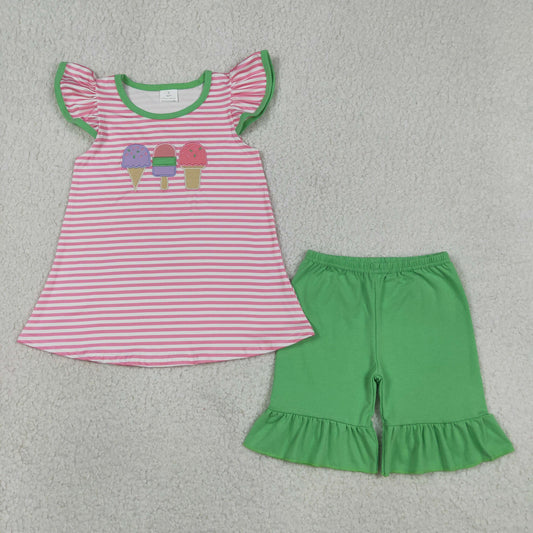 GSSO2349 Embroidered Ice Cream Pink Striped Green Ruffle Fly Sleeve Top Shorts Girls Sets 202604 RTS