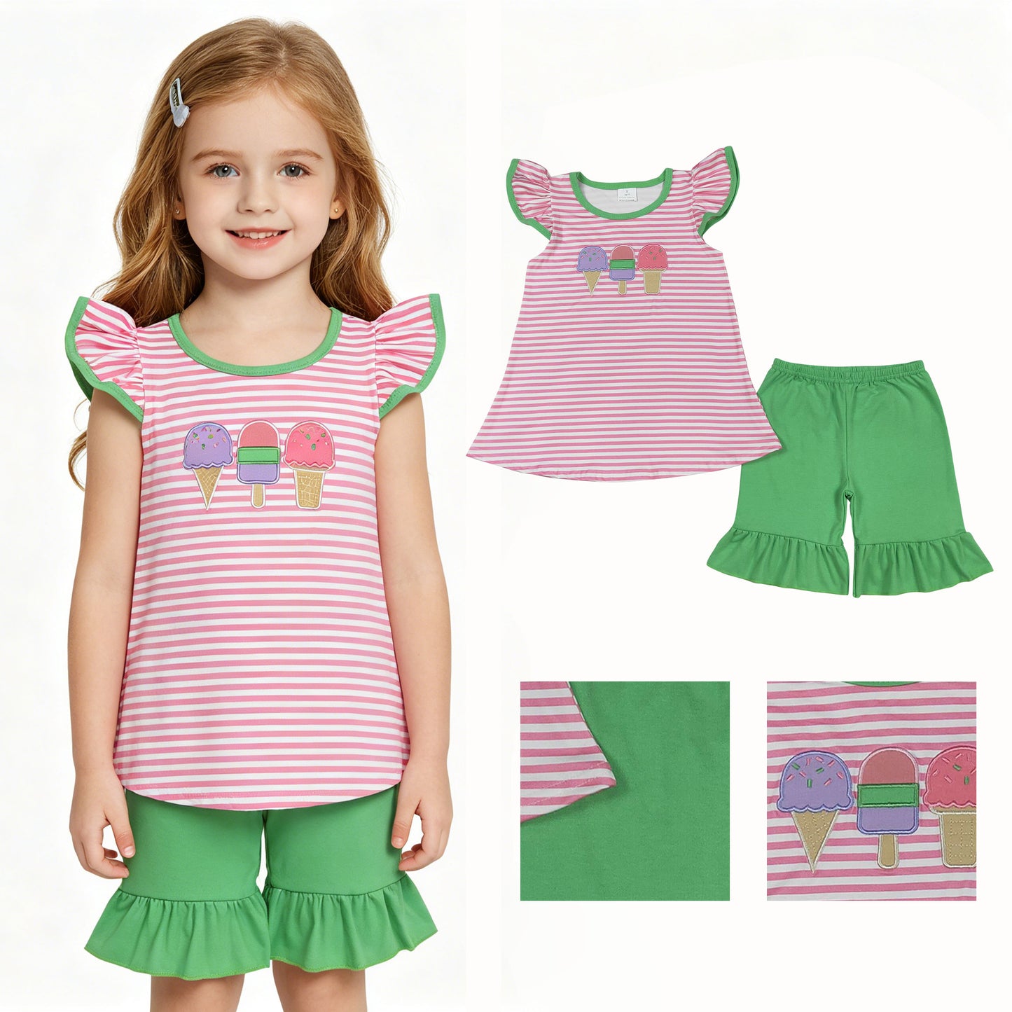 GSSO2349 Embroidered Ice Cream Pink Striped Green Ruffle Fly Sleeve Top Shorts Girls Sets 202604 RTS