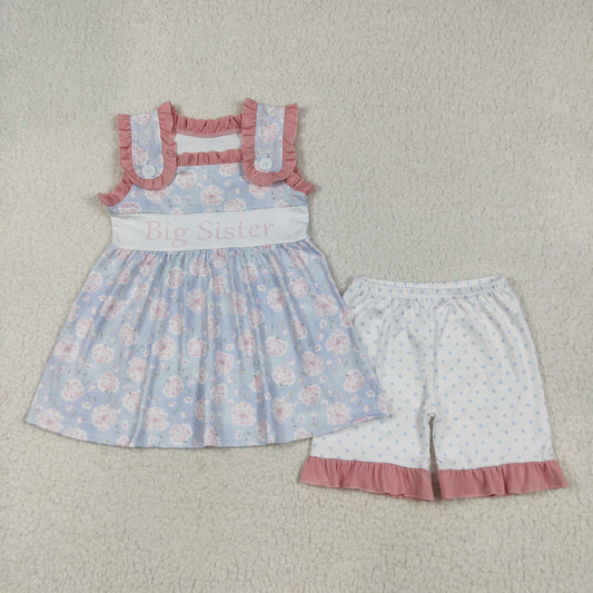 GSSO2350 Big Sister letter Pink Blue Flower Ruffle Sleeveless Top dot shorts set girls boutique outfit 202506 RTS