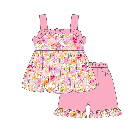 preorder GSSO2351 Pink Flower Ruffle Sleeveless Top shorts set girls boutique outfit 202503