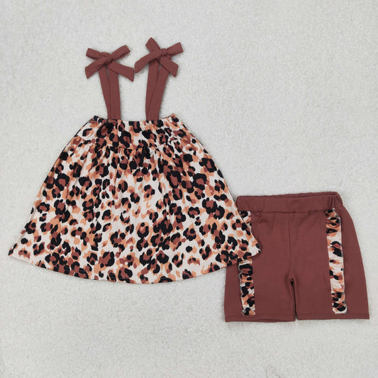GSSO2352 Brown Leopard Ruffle Sleeveless Top Shorts Sets Girls Boutique Outfits 202503 RTS