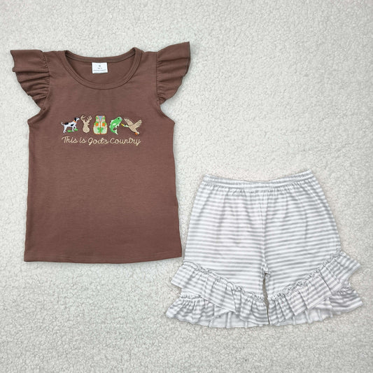 GSSO2353 Embroidered Animals Brown Flying Sleeve Top Grey stripe shorts set girls boutique outfit 202504 RTS