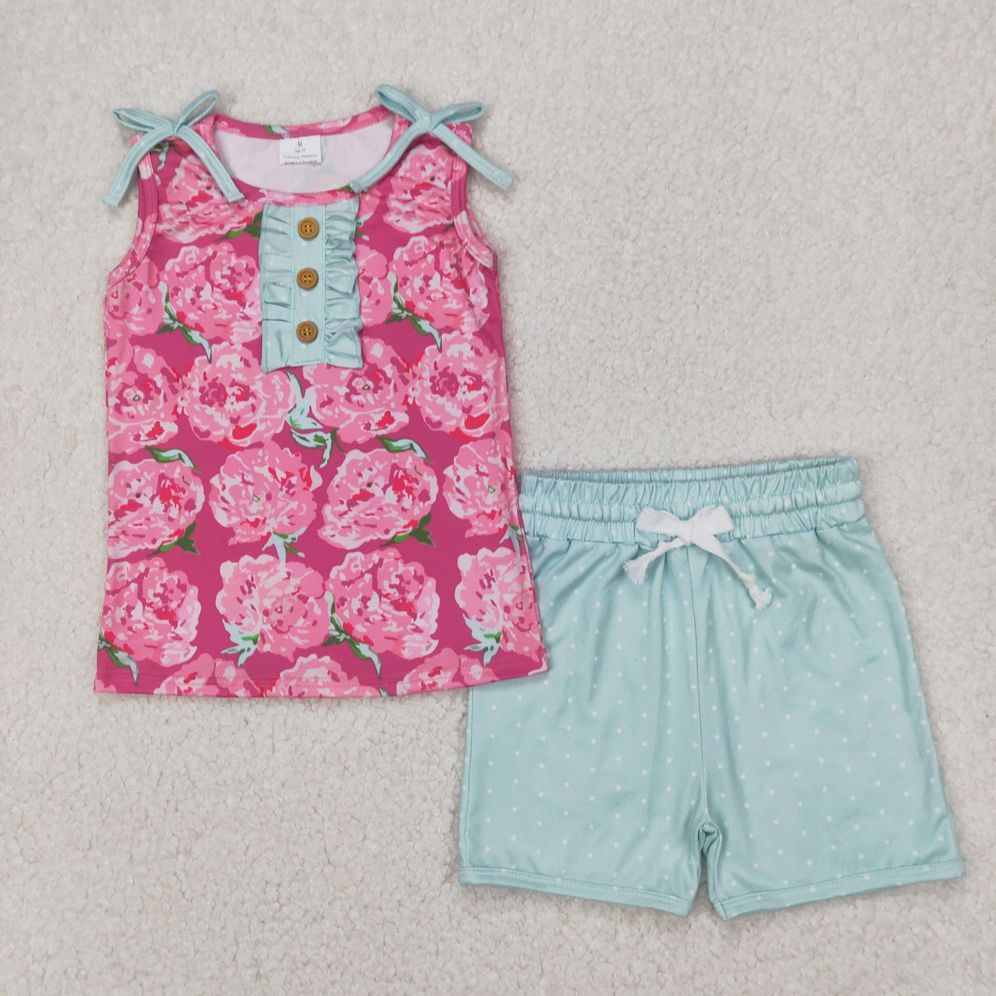 GSSO2356 Rose Red Flower Blue Green Dot Sleeveless Top shorts set girls boutique outfit 202503 RTS