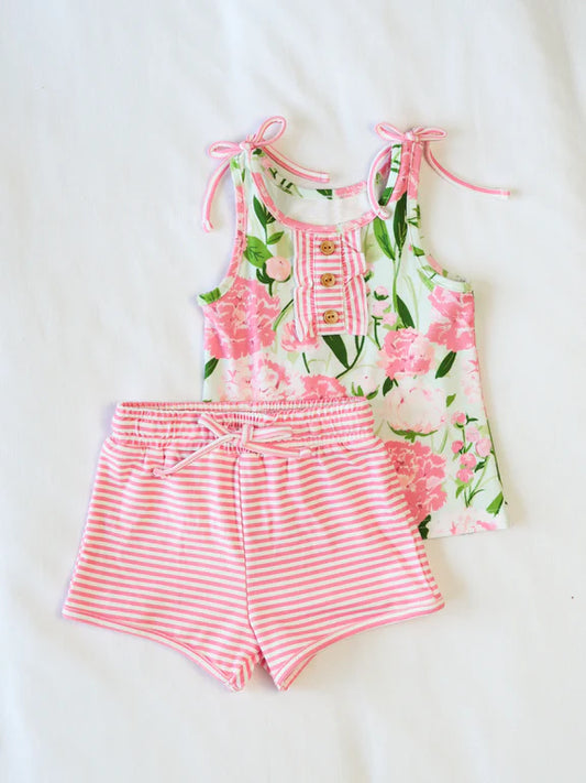 GSSO2357 Green Pink Flower Leaf Sleeveless Striped Shorts Set Girls Boutique Outfits 202503 RTS