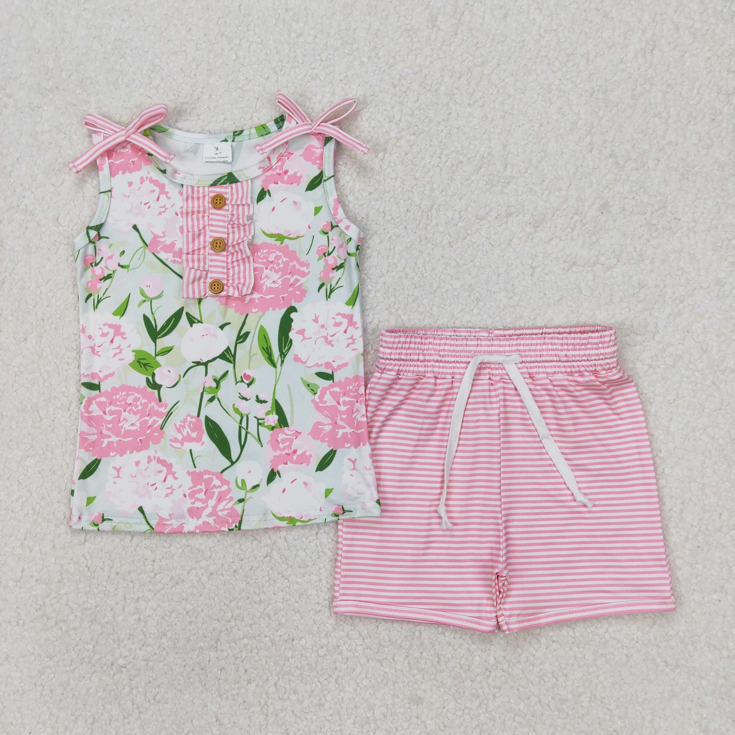GSSO2357 Green Pink Flower Leaf Sleeveless Striped Shorts Set Girls Boutique Outfits 202503 RTS