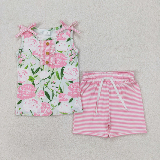 GSSO2357 Green Pink Flower Leaf Sleeveless Striped Shorts Set Girls Boutique Outfits 202503 RTS