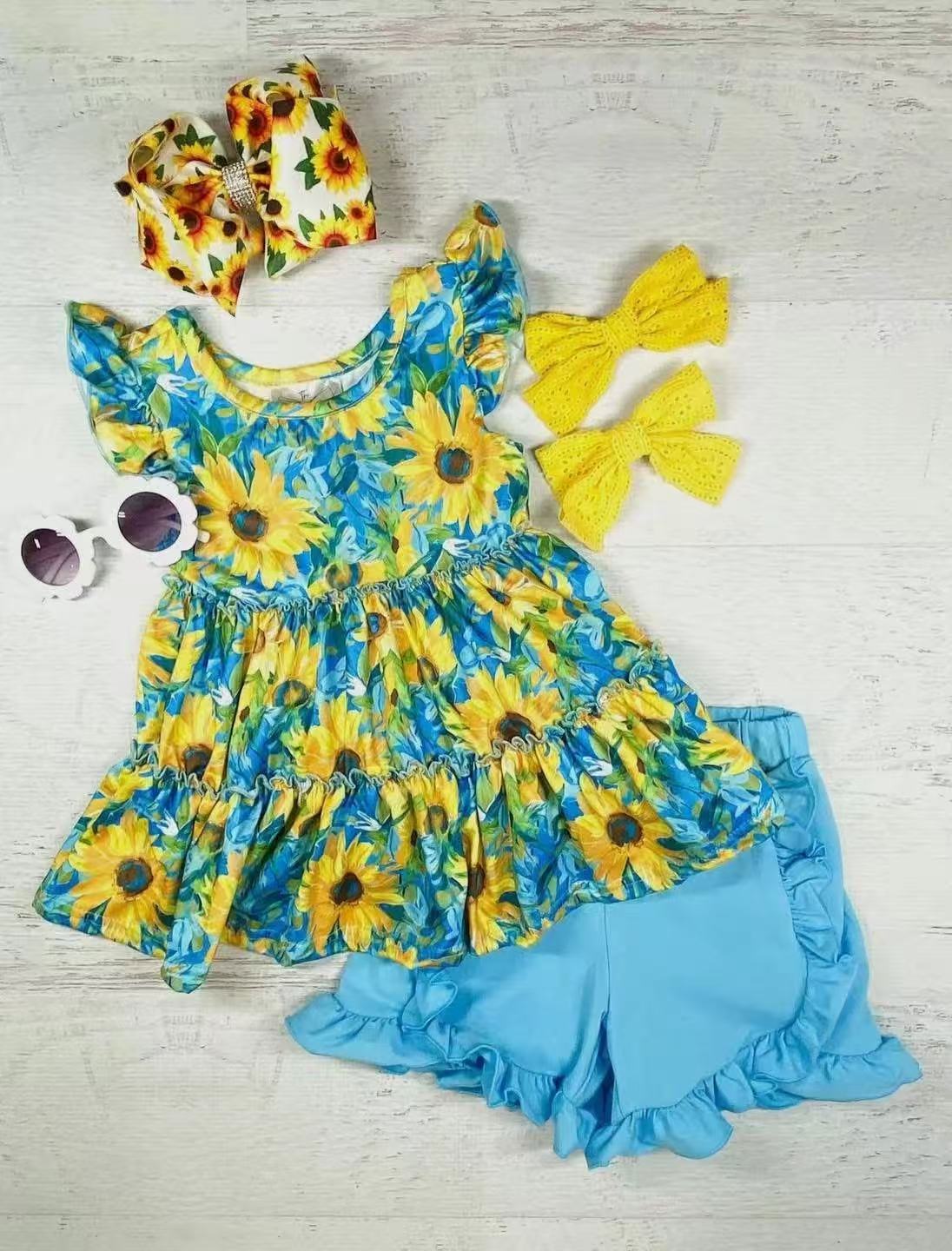 preorder GSSO2361 Sunflower Leaf Blue Fly Sleeve Top ruffled shorts set girls boutique outfit 202503