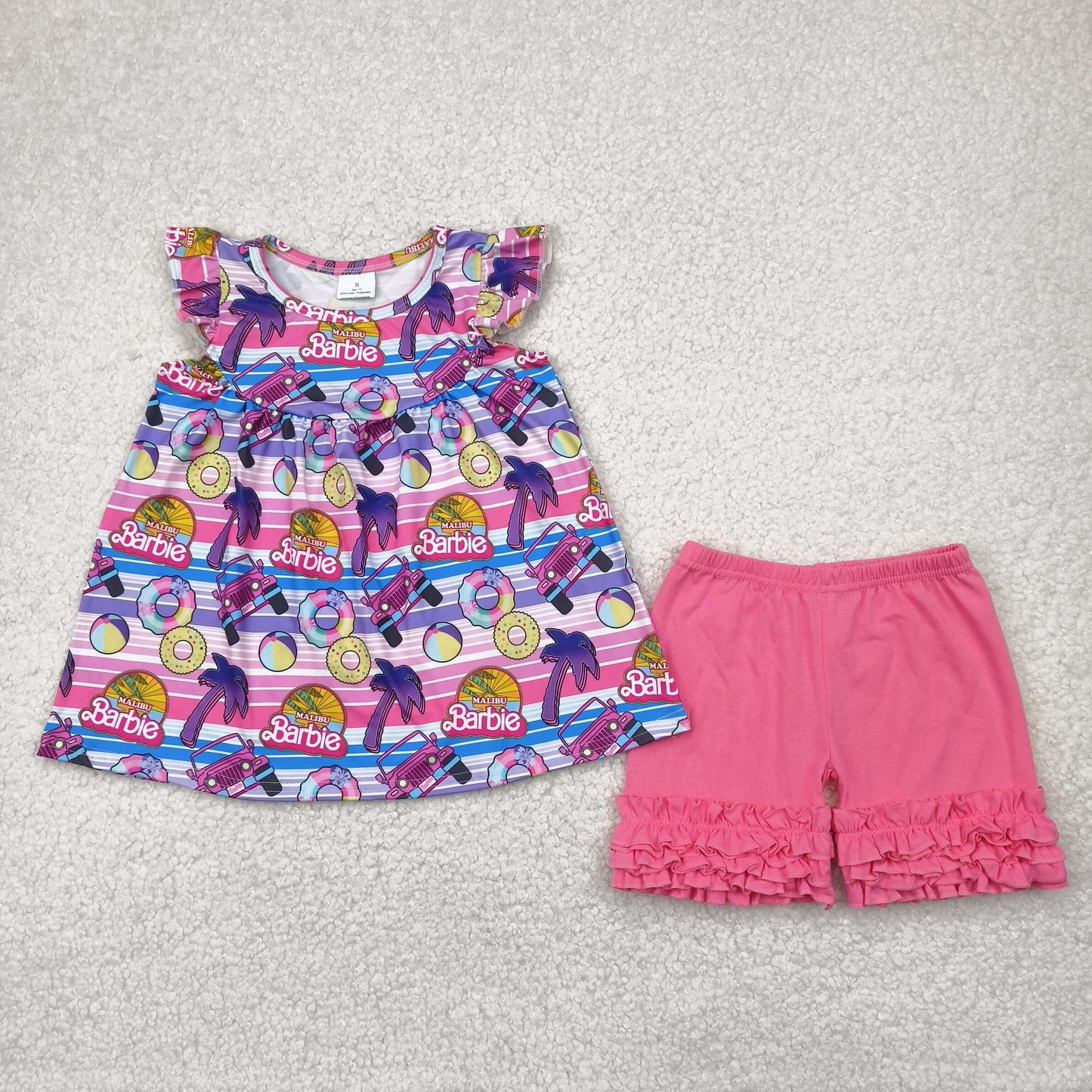 GSSO2362 Barbie Car doughnut Rose red  Fly Sleeve Top ruffled shorts set girls boutique outfit 202504 RTS