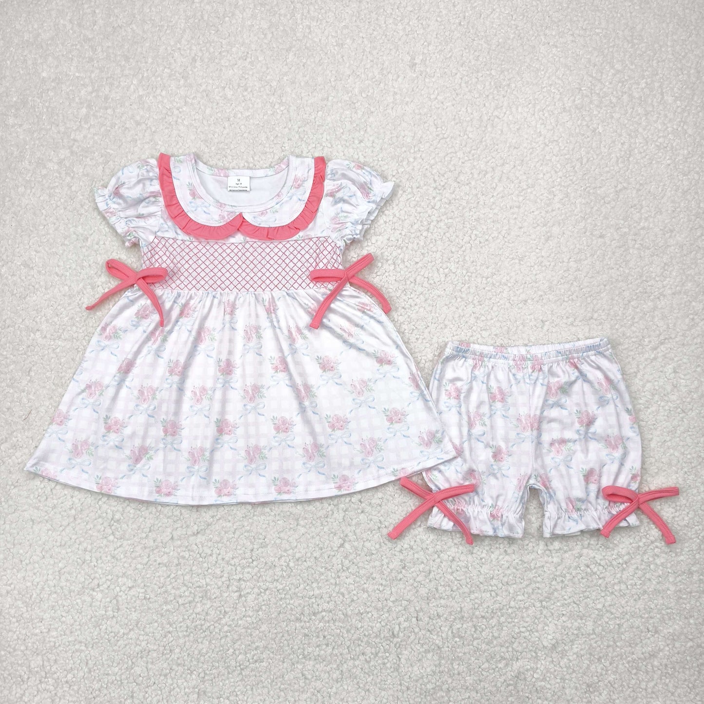 GSSO2368 Embroidered Pink White Flower Ruffled Bows Doll Collar Short Sleeve Top shorts set girls boutique outfit 202505 RTS
