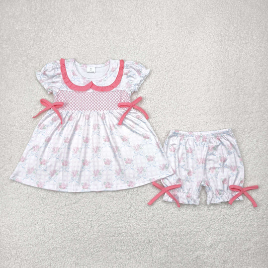 GSSO2368 Embroidered Pink White Flower Ruffled Bows Doll Collar Short Sleeve Top shorts set girls boutique outfit 202505 RTS