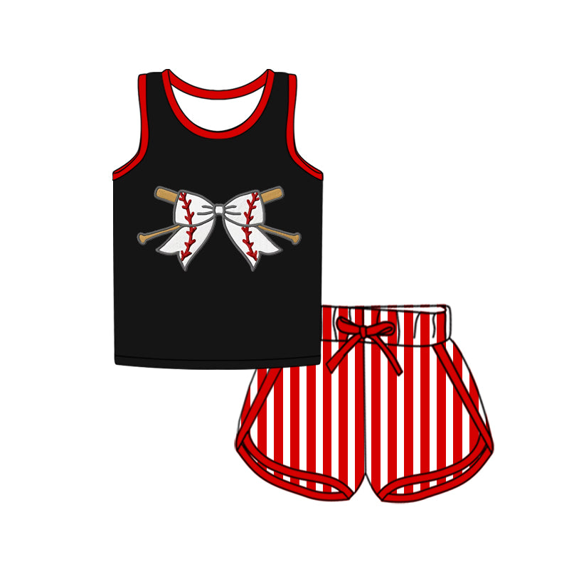 preorder GSSO2370 Black Red baseball Bows Sleeveless Top striped shorts set girls boutique outfit 202503