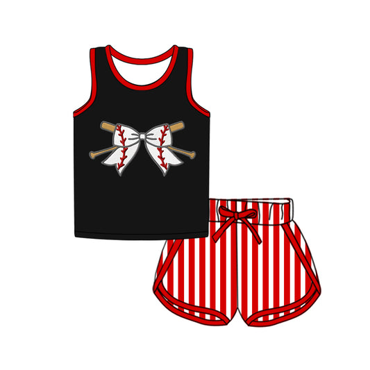 preorder GSSO2370 Black Red baseball Bows Sleeveless Top striped shorts set girls boutique outfit 202503