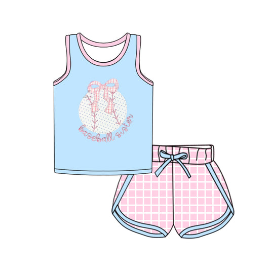 preorder GSSO2372  Light Blue Pink baseball sister Bows Sleeveless Top plaid shorts set girls boutique outfit 202503