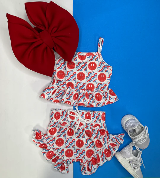 preorder GSSO2378 Red Smile Face Striped Ruffle Sleeveless Top Shorts Sets Girls Boutique Outfit 202503