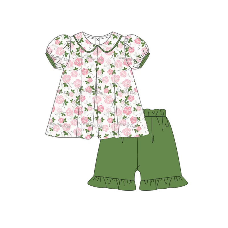 preorder GSSO2381 Green Flower Ruffle Puff Short Sleeve Top Shorts Sets Girls Boutique Outfit 202503