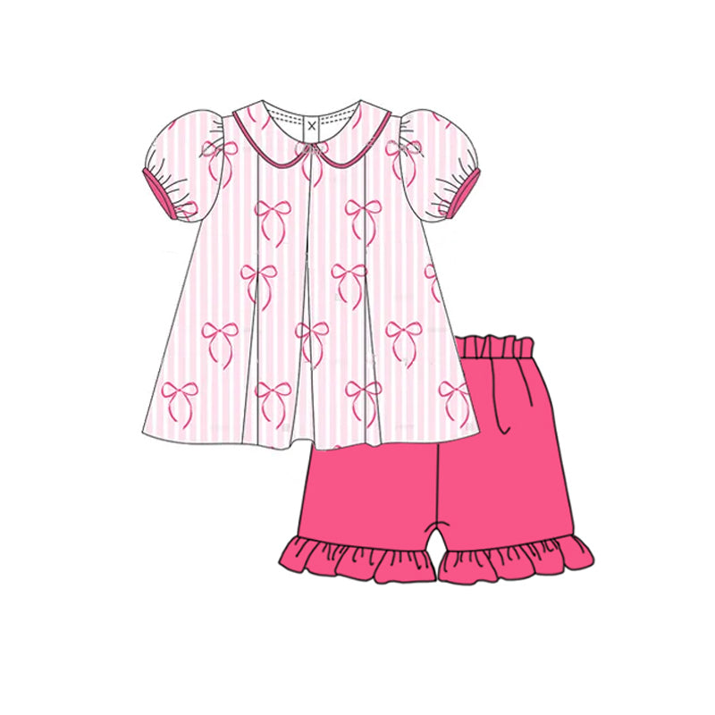 preorder GSSO2382 Rose Red Striped Bow Ruffle Puff Short Sleeve Top Shorts Sets Girls Boutique Outfit 202503