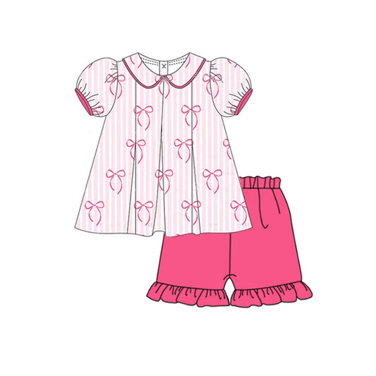 preorder GSSO2382 Rose Red Striped Bow Ruffle Puff Short Sleeve Top Shorts Sets Girls Boutique Outfit 202503