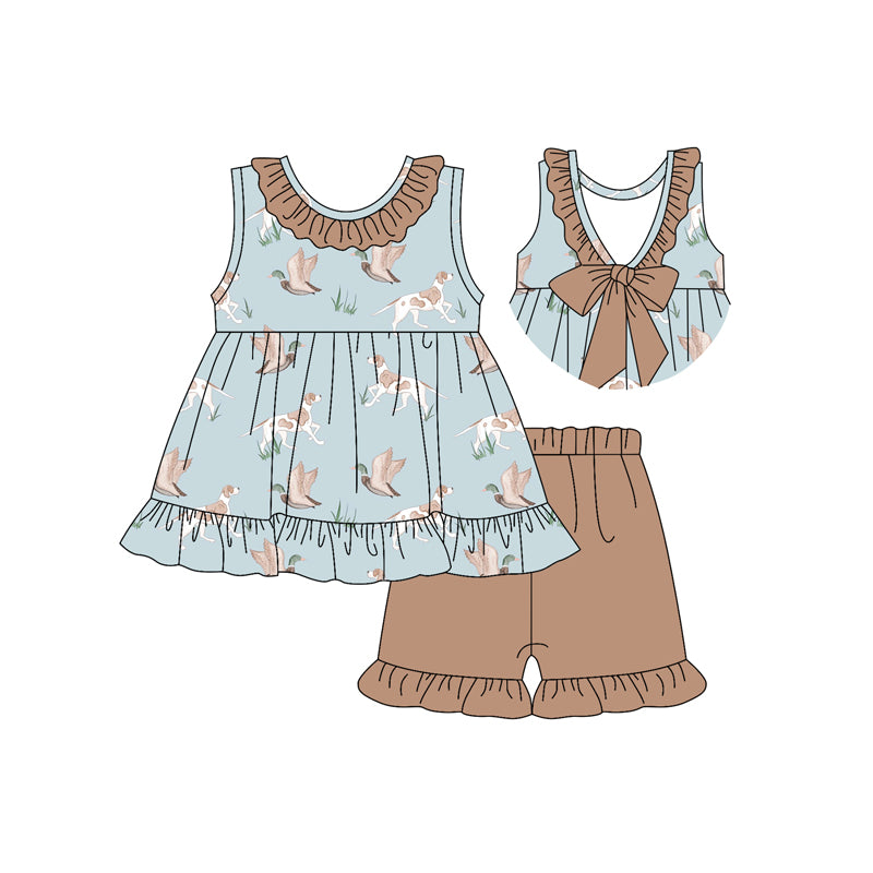 preorder GSSO2385 Duck Puppy Brown Blue Bow Ruffle Sleeveless Top Shorts Sets Girls Boutique Outfit 202503