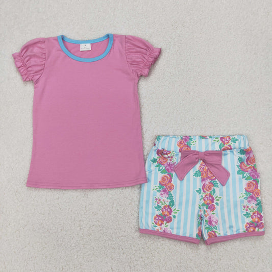 GSSO2389 Pink Blue Short Sleeve Top Striped Flower Shorts Sets Girls Boutique Outfit 202504 RTS