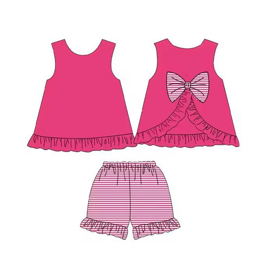 preorder GSSO2395 Rose Red Bow Sleeveless Ruffle Striped Shorts Sets Girls Boutique Outfit 202503
