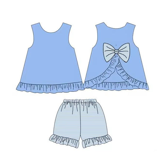 preorder GSSO2396 Blue Bow Sleeveless Ruffle Striped Shorts Sets Girls Boutique Outfit 202503