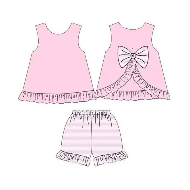 preorder GSSO2397 Pink Bow Sleeveless Ruffle Striped Shorts Sets Girls Boutique Outfit 202503