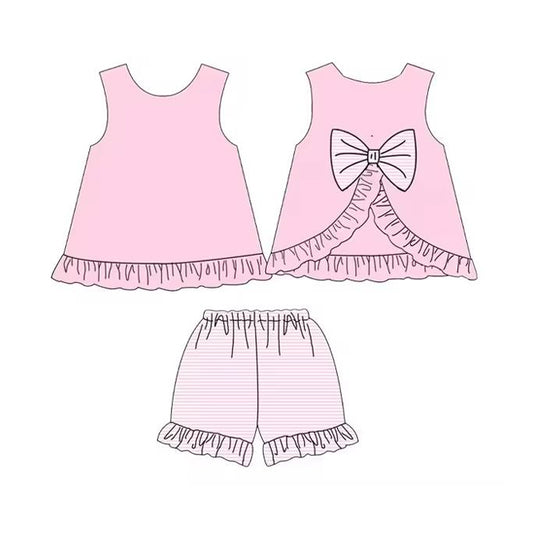 preorder GSSO2397 Pink Bow Sleeveless Ruffle Striped Shorts Sets Girls Boutique Outfit 202503